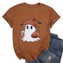 Halloween Shirts for Women Cute Ghost Shirt Fall Pumpkin Tshirt Coffee Lover Graphic Tees casual Short Sleeve Tops (Small, Apricot)