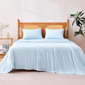 Amazon Basics Cooling Sheets, 4 Piece 100% Recycled Polyester Bed Sheet Set for Hot Sleepers, Breathable, 15-Inch Deep Pocket, King, Blue
