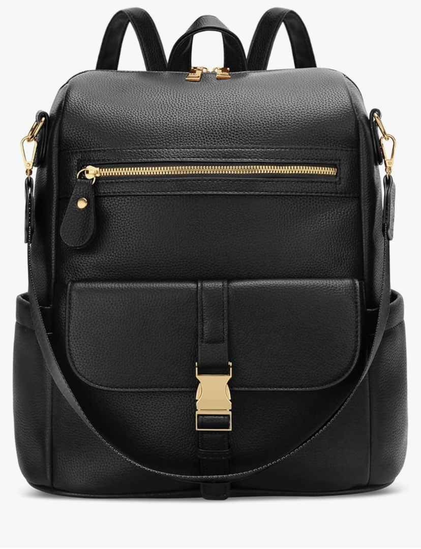 KKXIU Backpack Purse for Women - Multi-pocket Leather backpack for Travel, Work & School with Anti-Theft Lock Pocket, Luggage Strap & Water Bottle Pockets - 13x14x5.2 Inch, 1.67lb (Black)