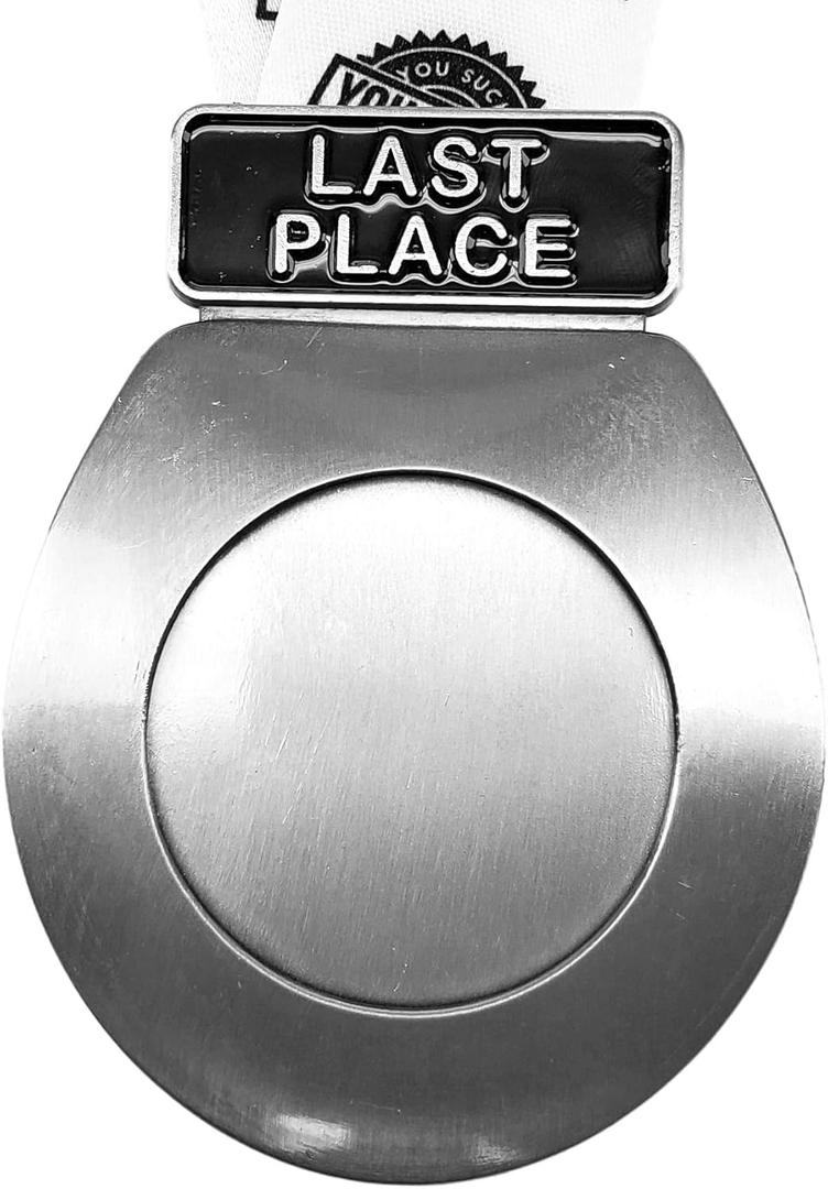 Decade Awards Silver Toilet Seat Last Place Medal - Toilet Medal with TP Loser Neckband - Die Cast Metal (Silver-3.25 Inch Wide)