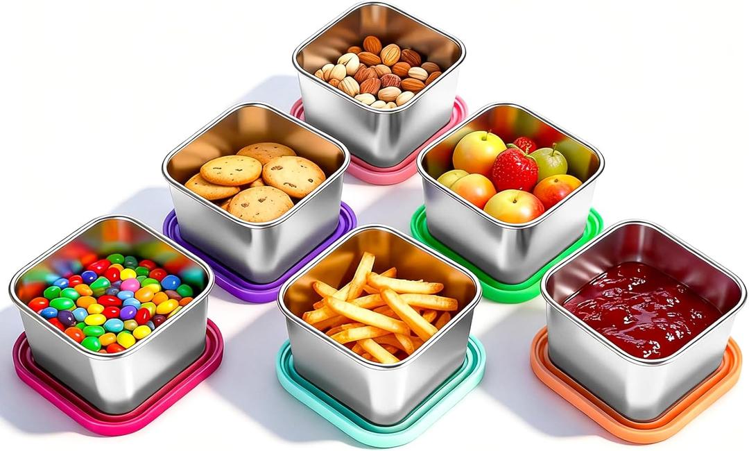 6Pack Stainless Steel Snack Containers for Kids, 6oz Easy Open Sauce Leak Proof Small Food Storage Container with Silicone Lids, Stackable Metal Toddler Lunch Box for Daycare, School and Travel