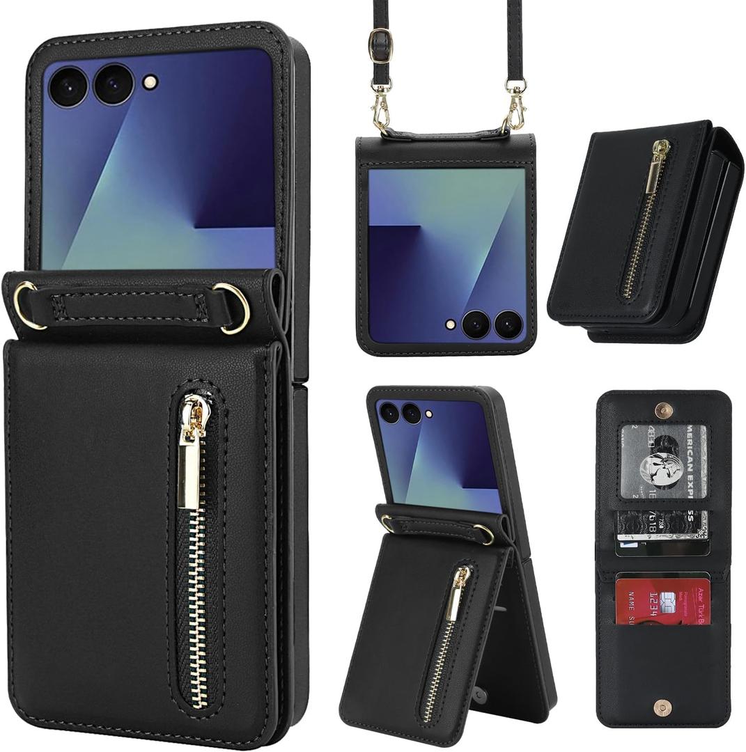 for Samsung Galaxy Z Flip 7 Luxury Zipper Wallet Phone Case, Multi-Function Kickstand Card Holder Adjustable Crossbody Strap, Fashion Flip Case.(Black)
