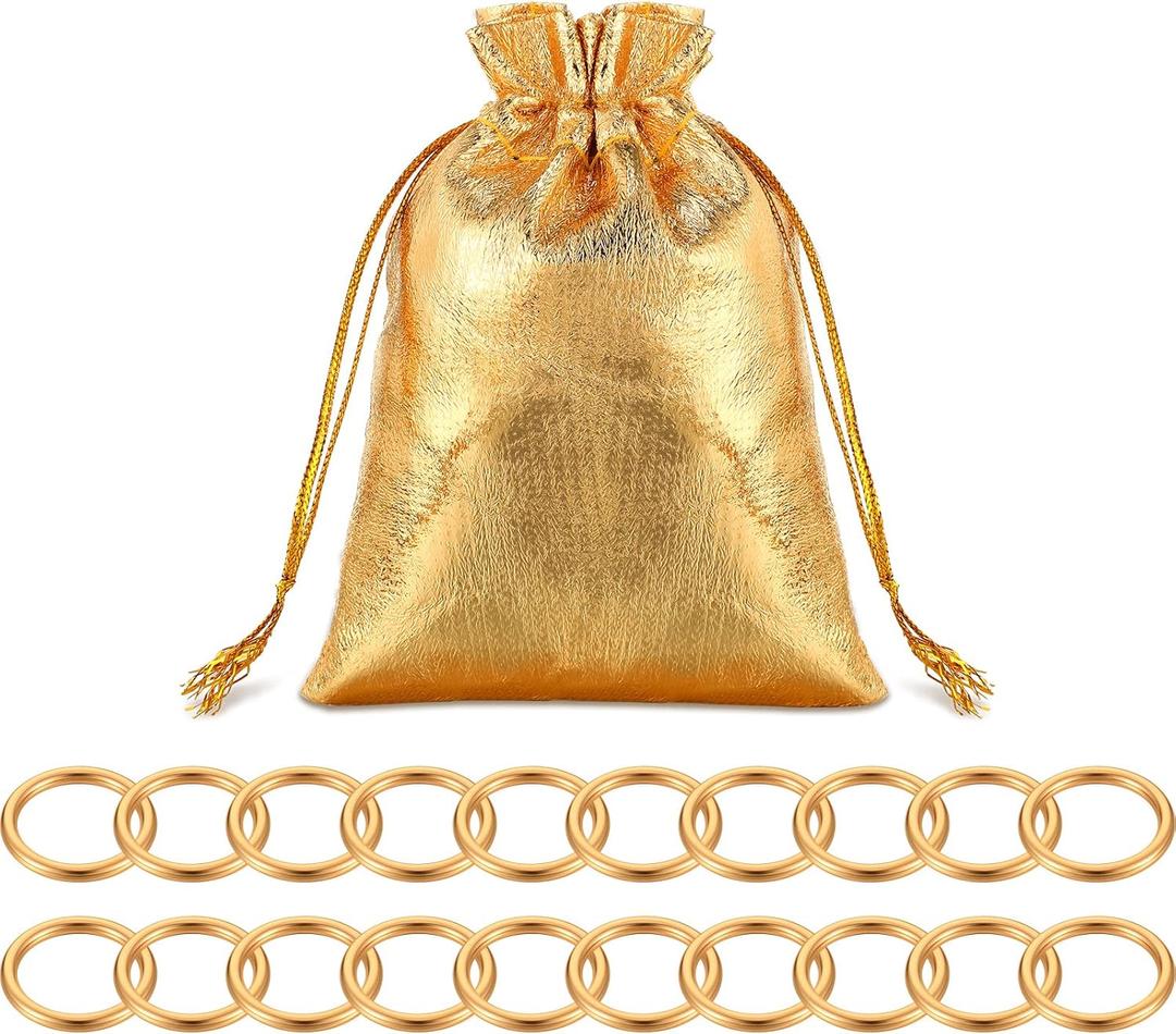 Chalyna 20 Pcs Toy Gold Power Rings Metal Game Figure Display Dream Catcher Rings with Drawstring Organza Bags(1.2 x 1 Inch,Gold)