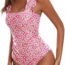 AI'MAGE Women's One Piece Swimsuits Square Neck Tummy Control Bathing Suit with Adjustable Ruffled Straps Swimwear , size medium