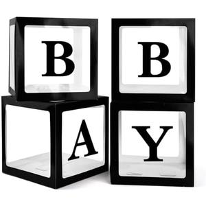 PABUES Baby Boxes with 4 PCS Letters for Baby Shower Black Clear Balloon Box Blocks Gender Reveal Decorations and Birthday Party (Black)