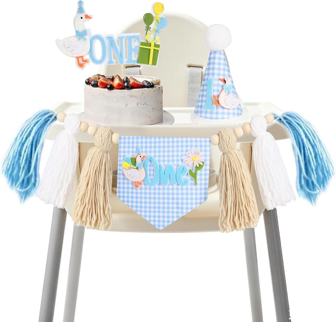 Goose 1st Birthday High Chair Banner - One Silly Goose Decorations, Flower Lawn Party Photo Props, Silly Goose Blue Tassel Garland, Prince Goose Smash Cake Highchair Garland