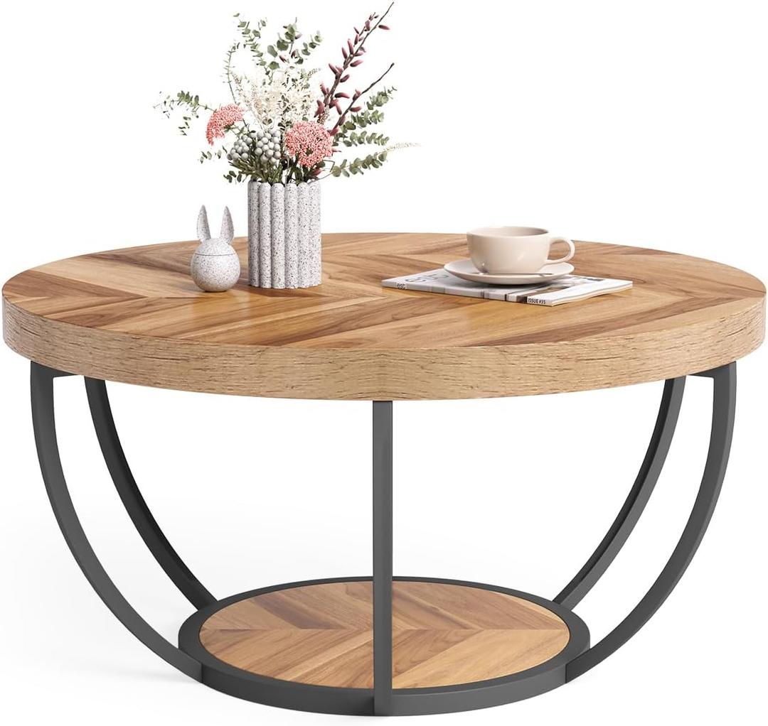 LITTLE TREE Round Coffee Table, 32" Circle Coffee Table for Living Room, 2-Tier Wood Accent Center Table with Open Storage Industrial Design Home Furniture (Wood Grain and Black), 1 Pc