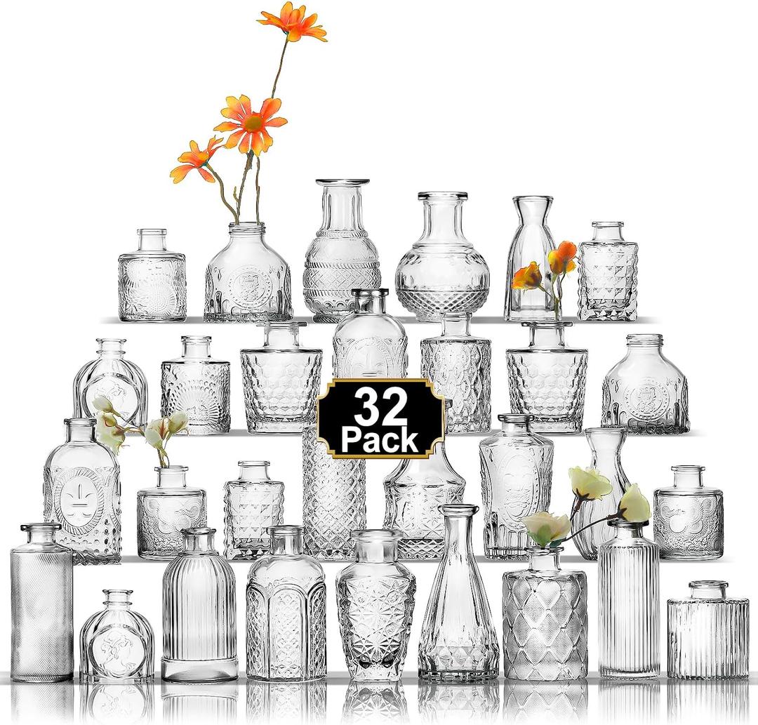 Aheroi 32 Pcs Bud Vase Set, Clear Vases for Centerpieces, Cute Glass Bud Vases Small Vases for Flowers, Mini Vase Flower Vase Set for Wedding Decorations, Room Office Table Decor