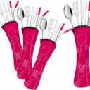 Travel Utensils Set with Case 4 Pack, Reusable Stainless Steel Portable Cutlery (Fork, Spoon, Knife, Straws & Cleaner) for Work, Dorm, Camping, Lunch Box, Compact Durable Silverware by Ecoberi (Pink)