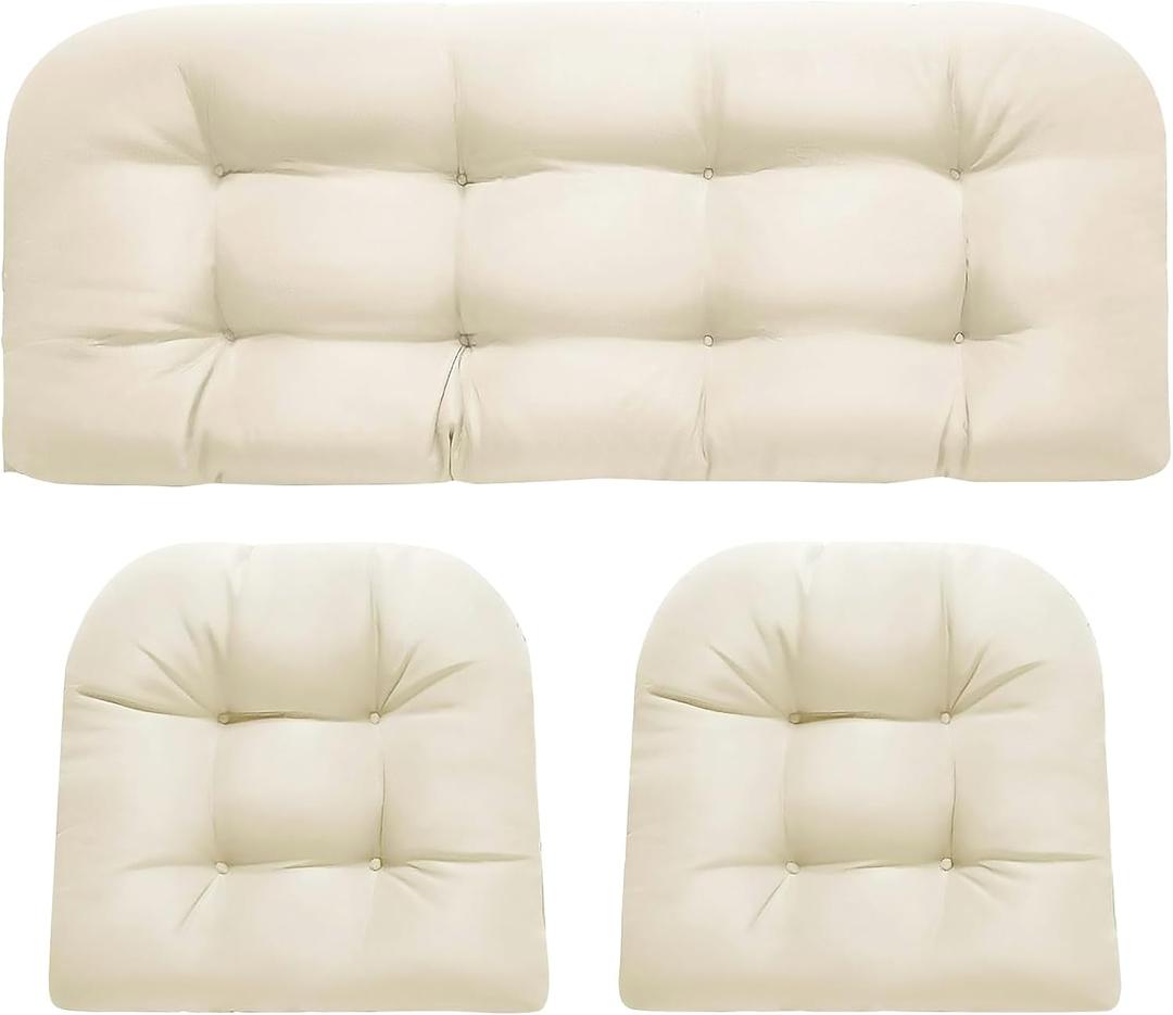 Wicker Chair Cushions 3 Piece Set, Outdoor Loveseat Wicker Cushions for Patio Furniture Settee, Waterproof Wicker Patio Furniture Loveseat Cushions, 1 Loveseat and 2 U-Shaped Cushions, Cream