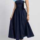 Wenrine Womens Casual Summer Midi Dress Smocked Cap Sleeve Crew Neck Color Block A Line Flowy Beach Dresses