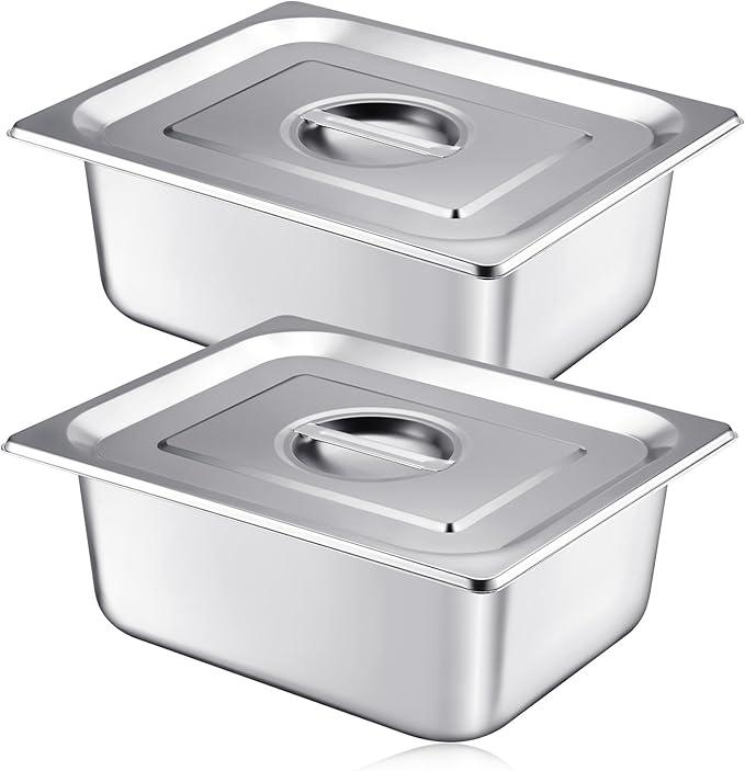 Mifoci 2 Pack Stainless Steam Hotel Pan with Lid, 1/2 Size x 4 Inch Deep Steam Table Pan Restaurant Supplies Reusable Anti Rust Steam Pan Water Pan for Home, Party, Restaurant, Hotel, Buffet