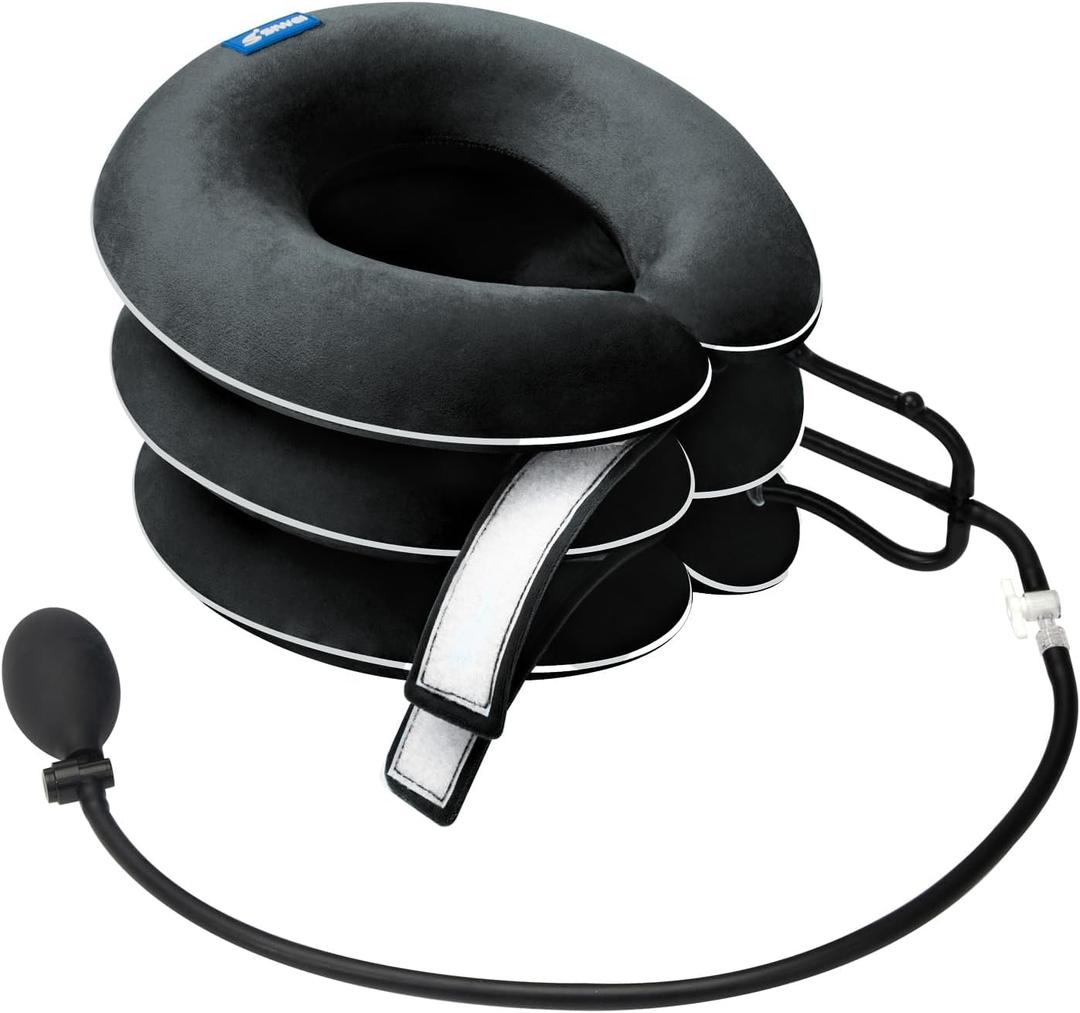 S Cervical Neck Traction Device for Neck Pain Relief - Inflatable Neck Stretcher Collar for Decompression - Best Home Use Neck Brace Pump (Black Plush)