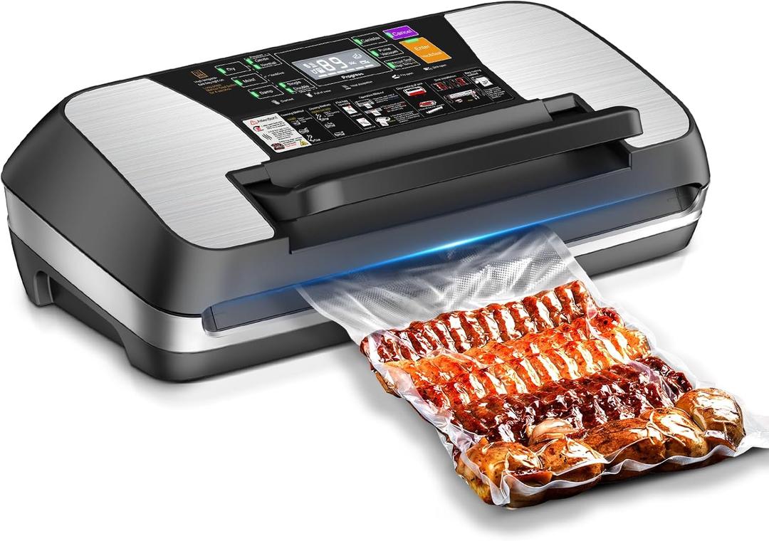 95kpa Vacuum Sealer Machine, Commercial Full Automatic Food Sealer, Food Vacuum Sealing Machine with Cutter, 10 Pre-cut Bags & Bag Rolls and Accessory Hose, Fully Starter Kits, Black