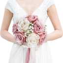Wedding Bouquet for Bride - Premade Simple Artificial Roses Flowers for Bridal Shower Destination Ceremony Anniversary Decorations - Dusty Pink & White