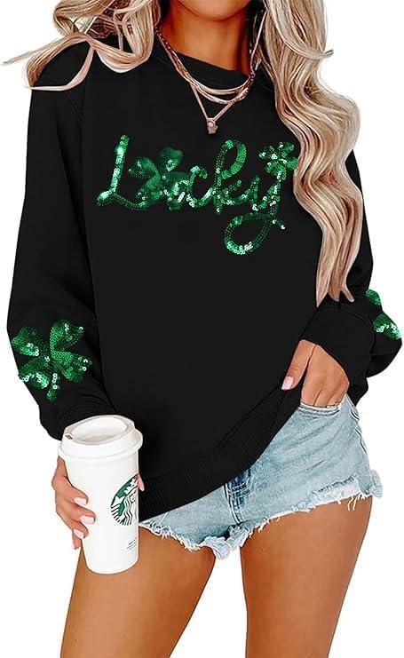 FAYALEQ Women St Patrick's Day Sweatshirt Sequin Shamrock Pullover Irish Sweatshirt Crewneck Long Sleeve Top (Black, M)