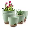 Plant Pots 10/9/8/7.5/7 Inch Self Watering Pots, Set of 5 Plastic Planters with Drainage Holes and Saucers,Plastic Flower Pots,Nursery Planting Pot for Indoor Out Door Plants（Green）
