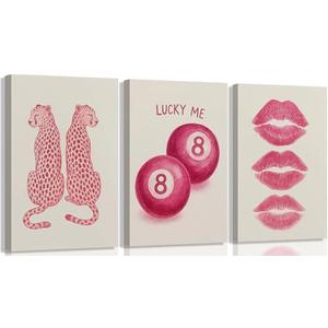 3Pcs Pink Leopard Canvas Wall Art Trend Cheetah Wall Decor Painting Pink Coquettish Cherry Lips Prints Lucky 8 Ball Y2k Aesthetic Picture for Girls Bedroom Dorm Room Decoration 16x24in Framed