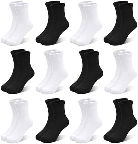 SPTRAMLE Kids Socks 12 Pairs Crew Socks for Toddler Boys Girls 10-14 Years Athletic Mid Cut Socks Multipack Black White