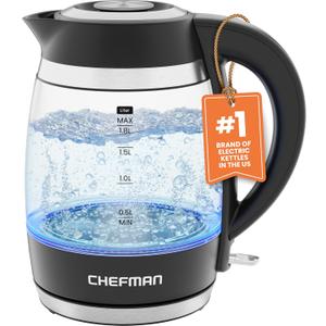 Chefman Electric Kettle, 1.8L 1500W, Hot Water Boiler, Removable Lid for Easy Cleaning, Auto Shut Off, Boil-Dry Protection, Stainless Steel Filter, BPA Free, Borosilicate Glass Electric Tea Kettle (1.9 Quarts, Black)