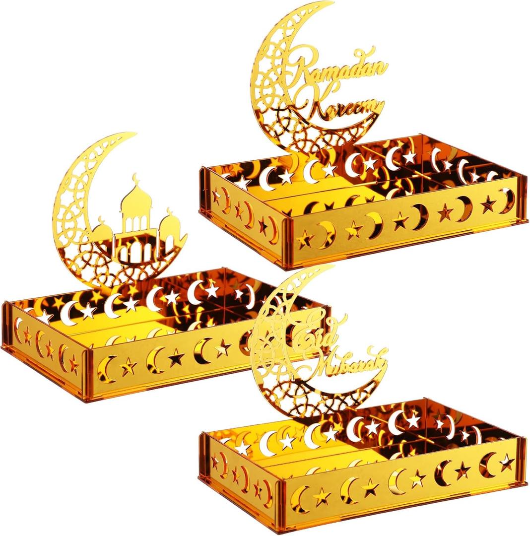 DoubleFill 3 Sets Ramadan Serving Tray Gold Eid Mubarak Holder Al-fitr Home Decoration for Moon Star Tray Gold Container for Home Islamic Muslim Party Tableware Kitchen Dessert Food Storage(Novetly)