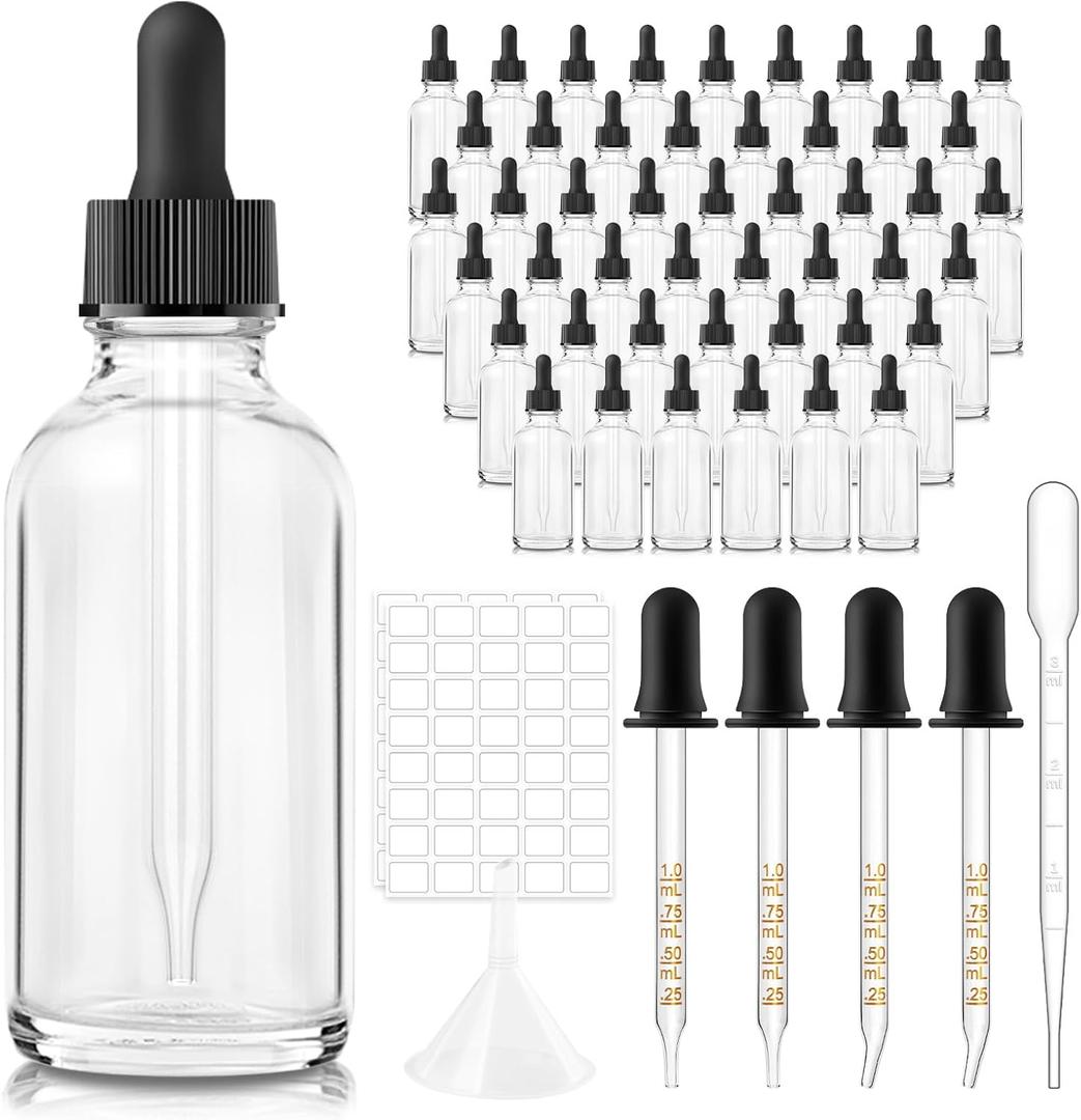 Bumobum 48 Pcs, 2 oz Clear Glass Dropper Bottle with 4 Extra Glass Dropper, 1 Funnel, 1 Pipette, 80 Labels, 60ml Travel Bottles for Essential Oils, Perfume, Hair Oil, Liquids - Leakproof