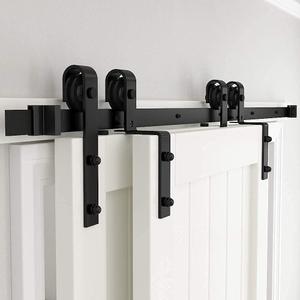 skysen 9FT Heavy Duty Sliding Barn Door Hardware Single Track Bypass Double Door Kit Black(Bypass J Shape-1)