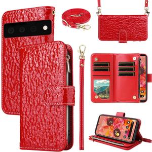 Luxury Wallet Case for Google Pixel 6 with Flip Zipper Purse Wrist Strap Shoulder Strap Reflection Pleated Pattern PU Leather Card Holder Stand Cell Phone Cover for Pixel6 Pixle Six Women Red