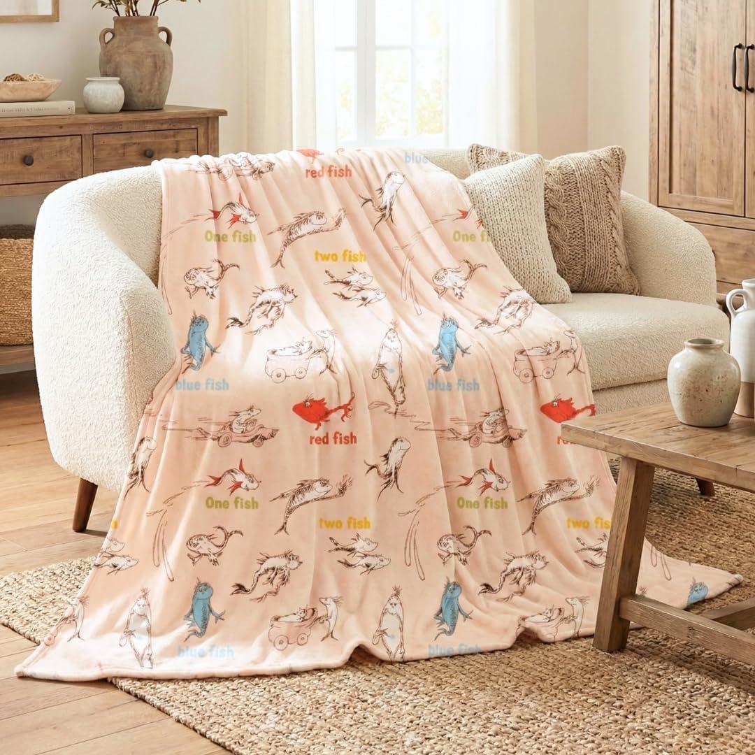 One Fish Two Fish Red Fish Blue Fish by Dr. Seuss Book Throw, Kids Super Soft Plush Cozy Throw Blanket, 60 in x 70 in, (Officially Licensed Product) by Franco