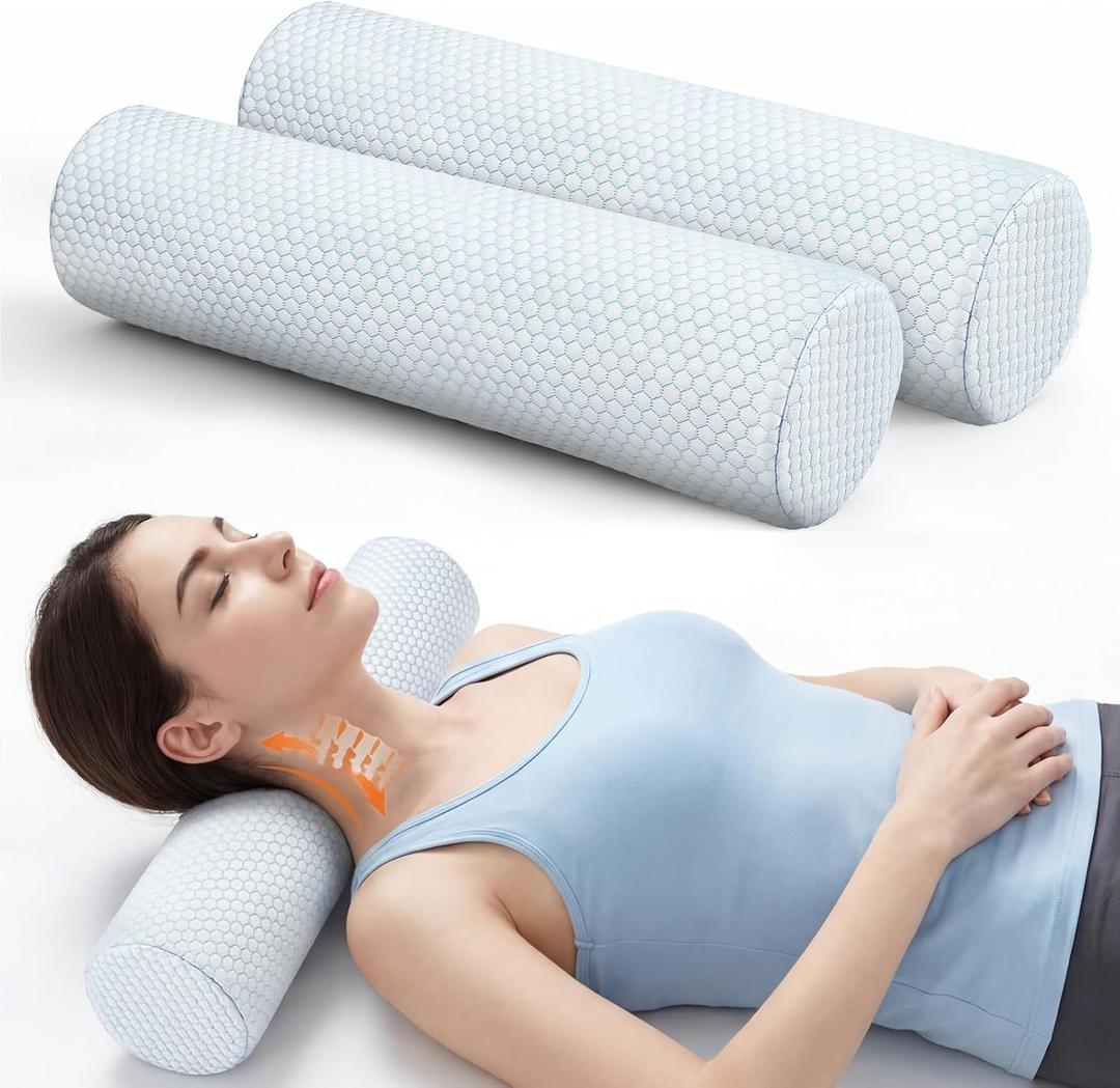 Novabright 2 Pack Cooling Neck Roll Pillow for Pain Relief Memory Foam Round Cylinder Bolster Cervical Round Support Pillow with Washable Breathable Cover for Sleeping(18 x 4 Inch)