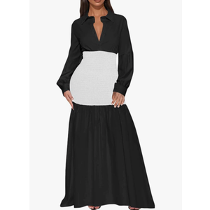 Ekaliy Women's Puff Long Sleeve Shirt Dress Elegant Button Down Loose Swing Party Maxi Dress Size M