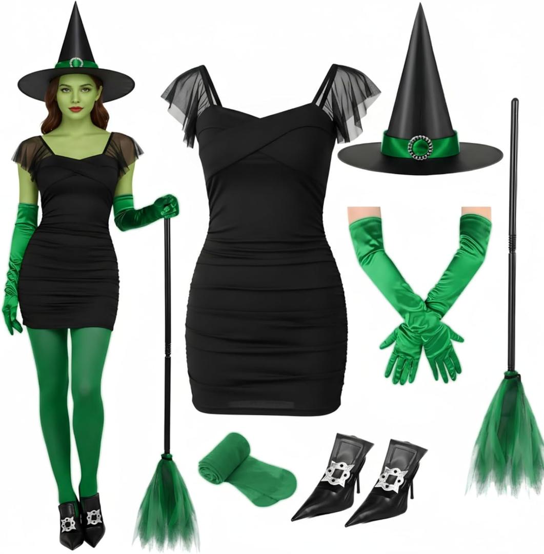 Suhine Halloween Witch Costumes 6 Pieces Witch Movie Outfit Accessories Green for Women Adult Cosplay Set (Large)