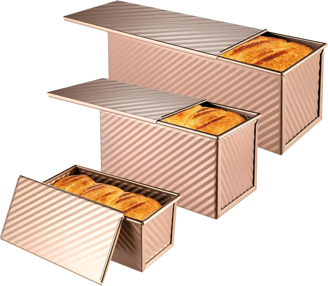3 Pcs Pullman Loaf Pan with Lid, 2.2lb/1lb/0.5lb Dough Capacity, Non-Stick Carbon Steel Bread Pans for Homemade Bread Sandwich and Toast, Sourdough Loaf Pan with Lid, Corrugated Toast Mold (Golden