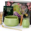 Nucookery Matcha Whisk Set - 5 Pcs Matcha Set with 18oz Ceramic Matcha Bowl (Chawan) with Spout, Bamboo Whisk & Holder, Scoop and Sifter | Complete Matcha Kit for Japanese Tea Ceremony (Moss-Kiln Celadon)