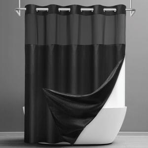 SORTTO No Hook Shower Curtain with Snap in Liner Set Waffle Shower Curtain for Bathroom Hotel Style Fabric Waterproof Inner Liner71" W x 74" H, Black