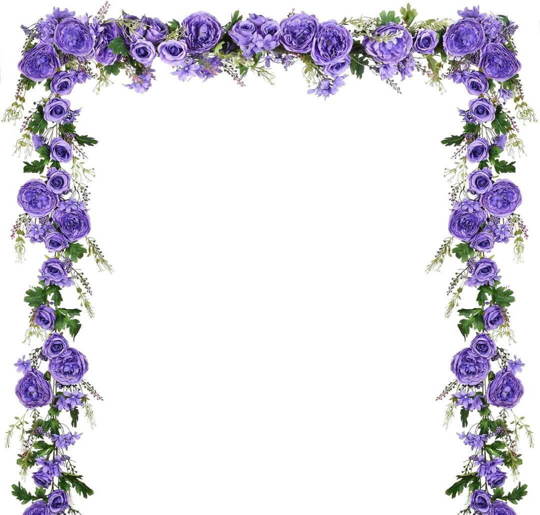 DearHouse 2Pack Artificial Peony Flower Garland - 6ft/Strand Silk Peony Garland with Pink Flowers for Wedding Party Table Decoration,Deep Ruby (Purple)