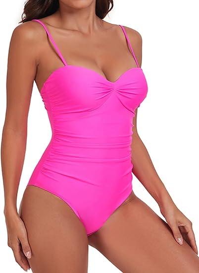 One Piece Swimsuit for Women Tummy Control Push Up 1 Piece Bathing Suits Ruched Swimwear Adjustable Straps Monokini (Medium, Hot Pink)