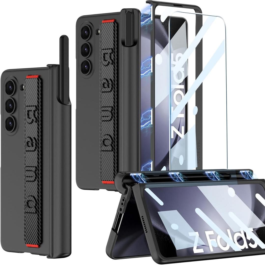 for Samsung Galaxy Z Fold 5 Case with Wrist Strap & Screen Protector & S Pen Slot,Magnetic Hinge Protective Bumper Case Ultra Slim Shockproof Anti-Scratch for Samsung Z Fold 5 5G (Black)