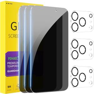 PEHAEL 3+3Pack for iPhone 17 Pro Privacy Screen Protector with Camera Lens Protector Full Coverage Anti-Spy Tempered Glass Film 9H Hardness Easy Installation Bubble Free [6.3 inch]