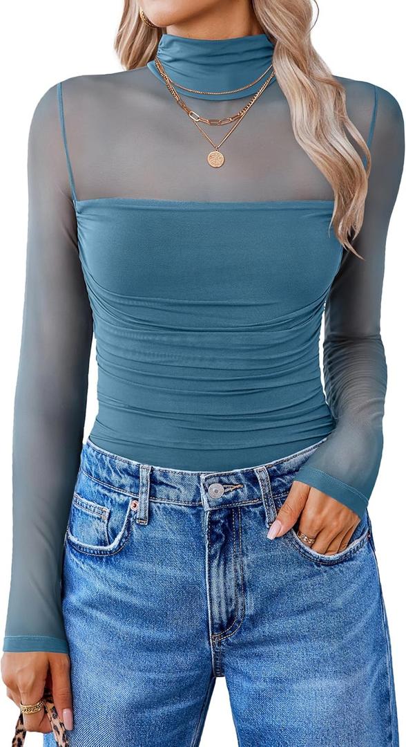 Avidlove Women Long Sleeve Bodysuit Turtle Neck Shapewear Body Suits Mesh One Piece Leotard Shirt Going Out Tops Fall Outfits (Large, Blue Green)