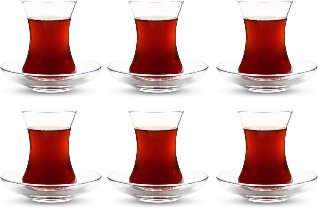 ums Turkish Tea Glass Set, Slim Waist Design and Thick Sole Prevent Tea From Getting Cold, Easy to Keep for 6 People, 6 Saucers, 6 Glasses, Useful Set (12 Pieces)
