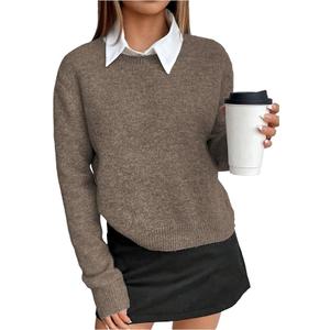 WDIRARA Women's Crew Neck Long Sleeve Sweater Pullover Knit Top Solid Color Casual Knitwear, S