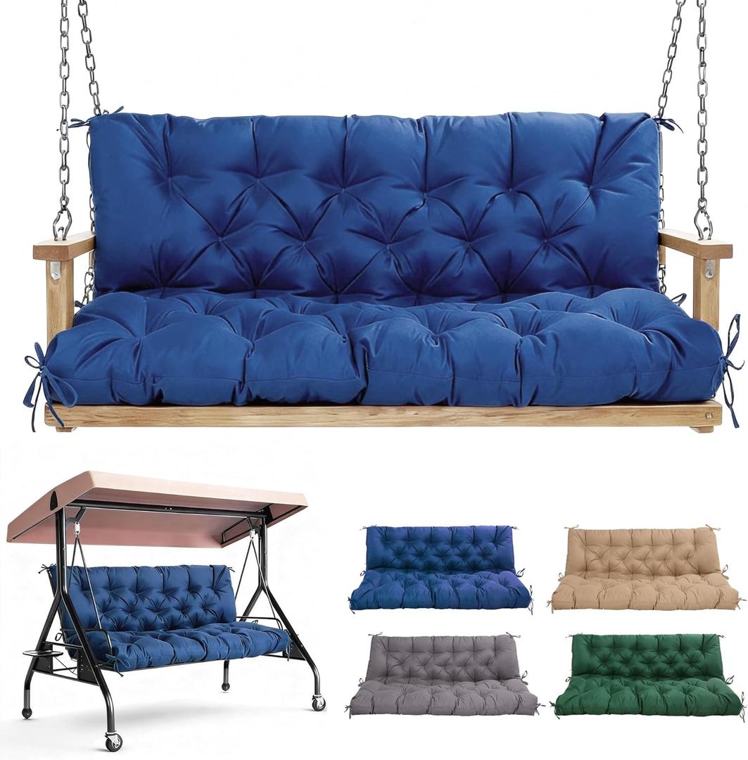 Porch Swing Cushions 60 Inch,Waterproof Patio 2 3 Seater Replacement for Outdoor Furniture with Backrest&Strap,Thick 4" Swing Seat Cushion for Loveseat Garden Glider Bench Lawn Backyard,Dark Blue