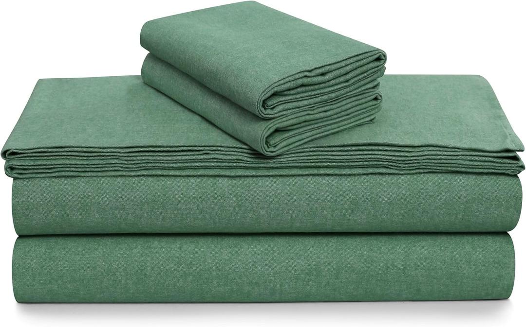 Tribeca Living Yarn Dyed 100% Cotton King Flannel Bed Sheet Set, Velvety Soft Portuguese Flannel Sheets, Extra Deep Pocket 4-Piece Bedding Set, 180-GSM Cozy Flannel, Heather Evergreen
