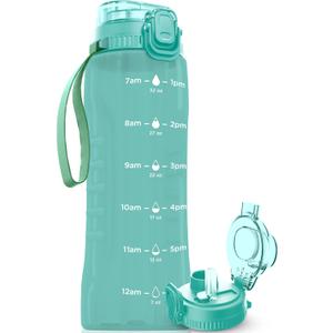 AQUAFIT 32 oz Water Bottle with Time Marker - 2in1 Straw & Chug Lid - BPA Free Big Water Bottle with Straw - Gym Water Bottle with Strap - Water Jug (32 Ounces, Cool Mint)