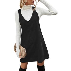Koinshha Women V Neck Corduroy Overall Dress Casual Loose Short Pinafore Dresses Cute Mini Jumper Dress (XX-Large, Black)