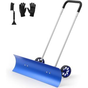 37 Inch Wide Wheeled Snow Pusher Shovel Set, Aluminum Blue Blade and Double Handle, Snow Plow for Yard Driveway Sidewalk Patio Walkway, Ice Hockey Rink Resurfacer, Skating Rink, Ice Fishing