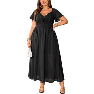 Women's Plus Size Lace Maxi Dress Short Sleeve V Neck Flowy Empire Waist Smocked Back Wedding Guest Dress (XX-Large, Black)