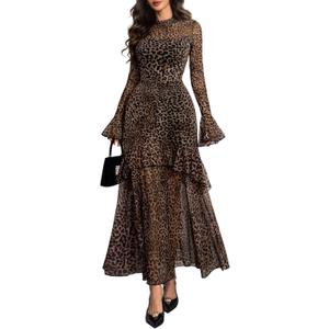 GothDark Womens Floral Maxi Dress Sheer Mesh Bell Sleeve Tiered Ruffle Gothic Romantic Casual Long Dresses (Medium, Leopard Print)