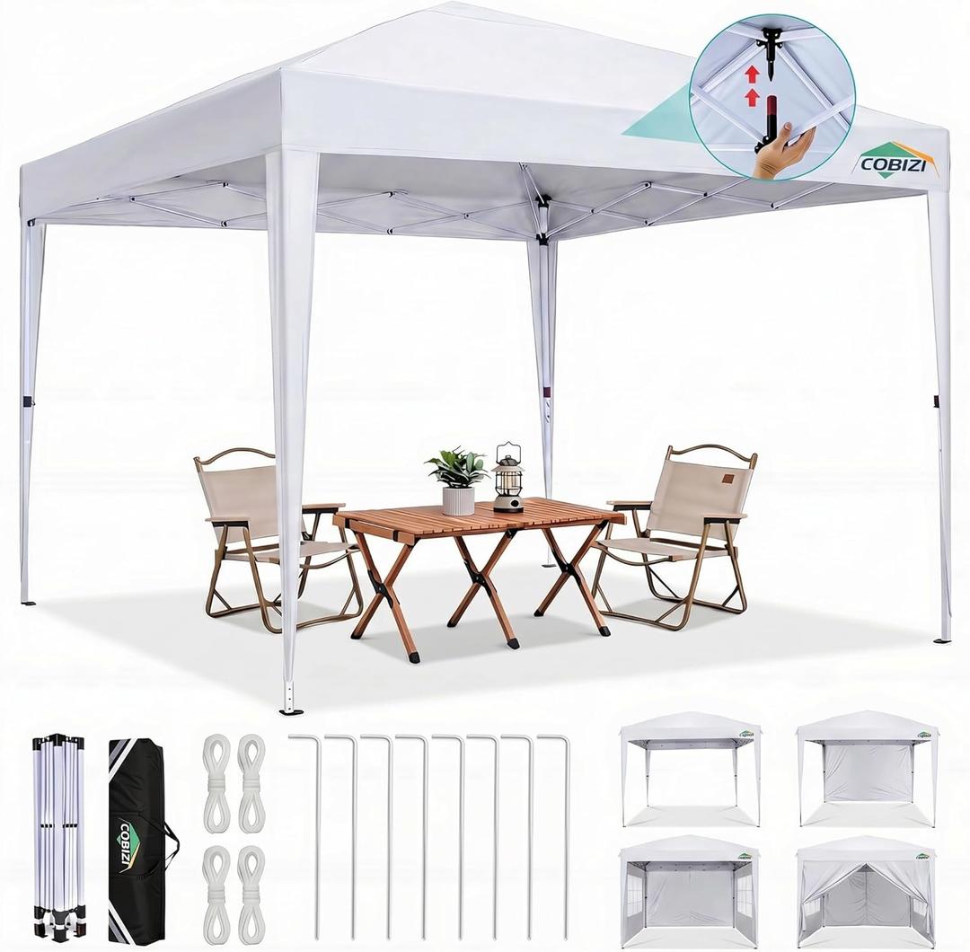 COBIZI 10x10 Pop up Canopy Tent, 10 by 10 Easy Setup Pop up Gazebo with 4 Sidewalls & Center Lock, Small Portable Instant Waterproof Outdoor Tent Canopy for Patio Backyard Vendor Event Sports (White)